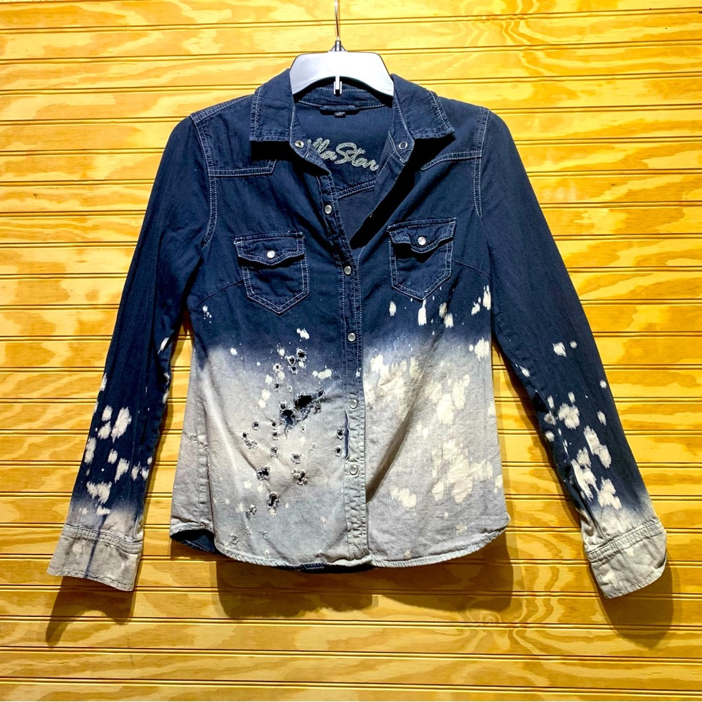 Vanilla Star Y2K Small long sleeve distressed light weight denim pearl buttons